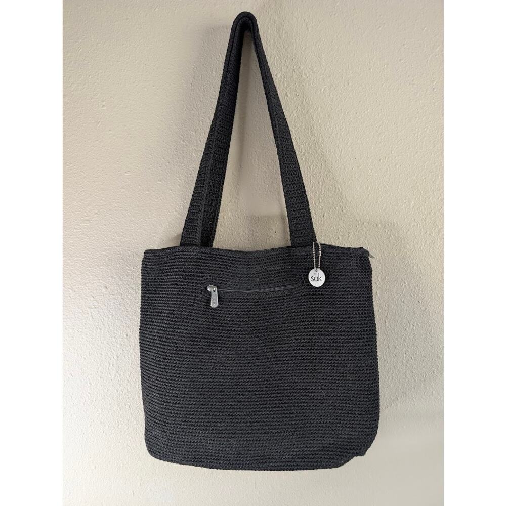 The Sak Black Crochet Tote Shoulder Bag Double Straps Zip Pockets